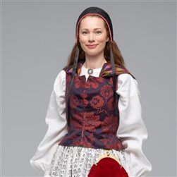 Rekonstruert damebunad fra Oppdal 1790-modell med rødt liv